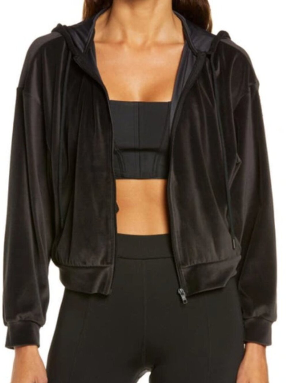 ALO Yoga Black Velvet Zip-Up Bomber Hoodie